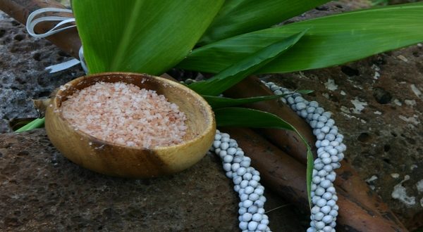 Salt, ti leaves, shells